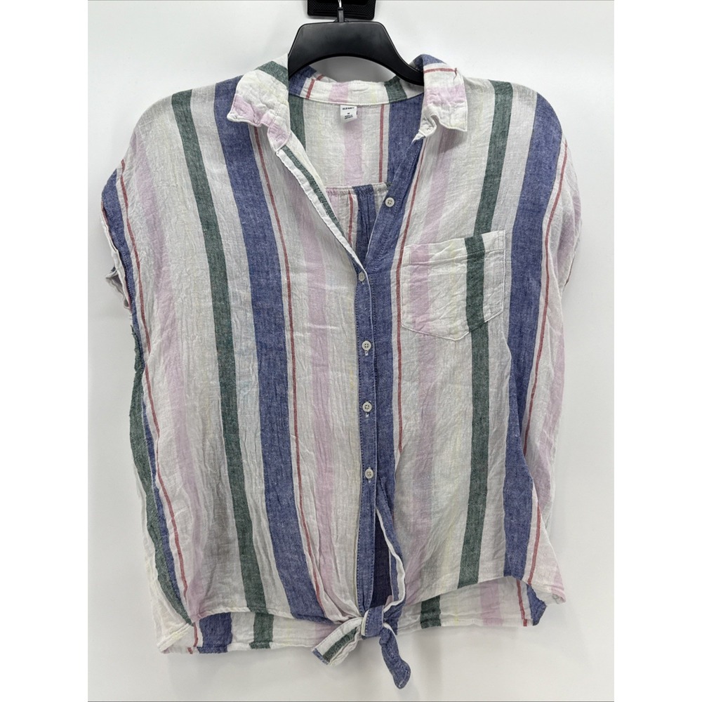 Old Navy Womens Stripe Linen Blend Button Up Short Sleeve Top Size M Tie Front